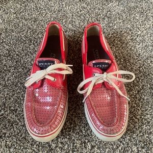 Red sequin Sperry topsiders, size 8